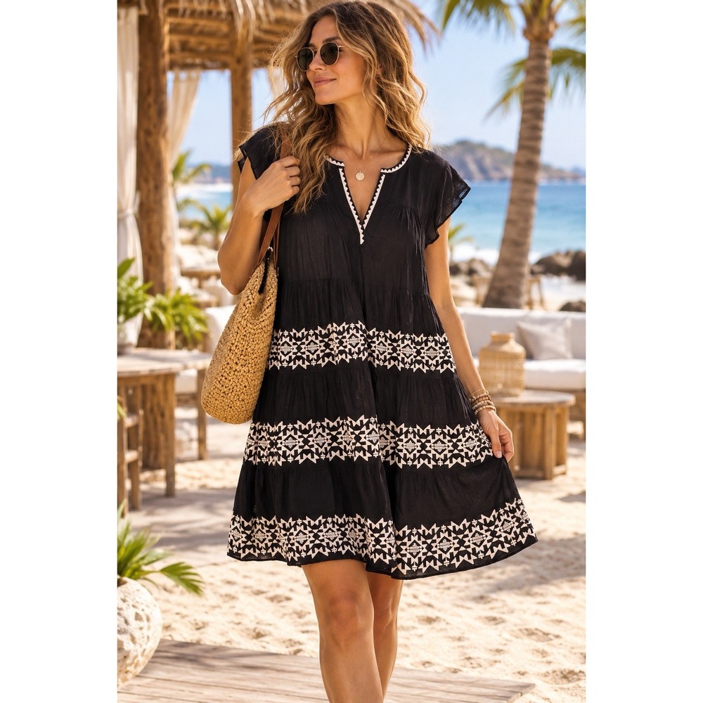 Roller Rabbit Women's L Tiered Dress Embroidered Scandi Cottage Boho Resort